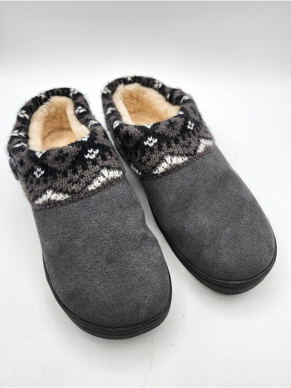 Tamarac Cozy Grey Suede Slippers with Knit Cuff Faux Fur Lined